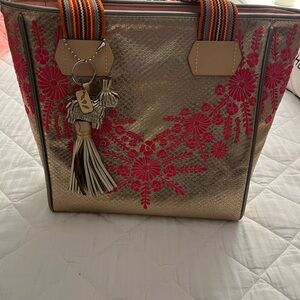 Floral Embroidered Gold and Pink Tote Bag